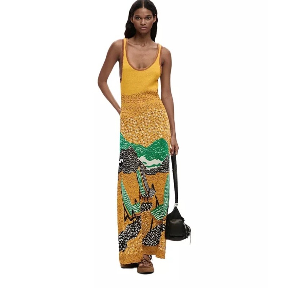 Desigual Jacquard Strap Dress Yellow Knit Maxi Size Large NWT Resortwear